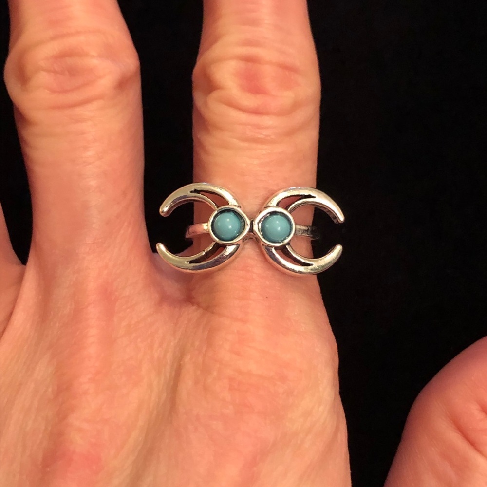 Silver and Blue Stone Crescent Double Moon Ring Fashion Jewelry Bohemian